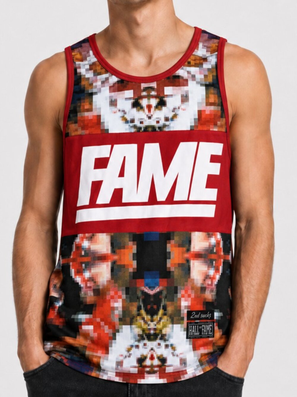 NWT HALL OF FAME HOF 2nd SUCKS Size S Digitally Edited Pixel Red Tank Top Rare